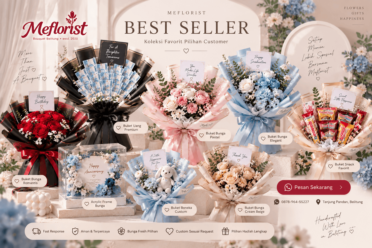 Bestseller buket bunga, buket uang, dan buket snack Meflorist