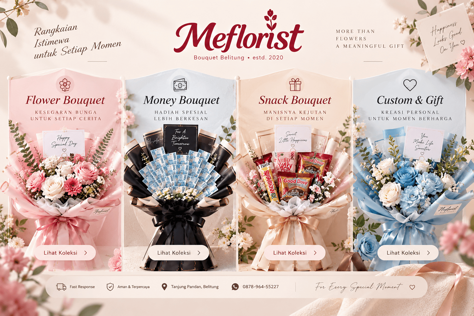 Kategori flower bouquet, money bouquet, snack bouquet, dan custom gift