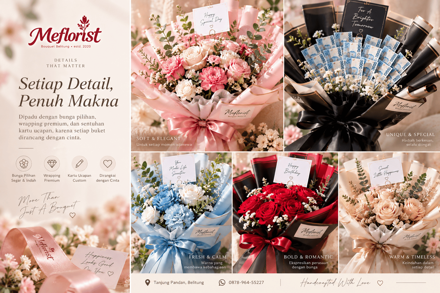 Detail bunga dan wrapping bouquet Meflorist