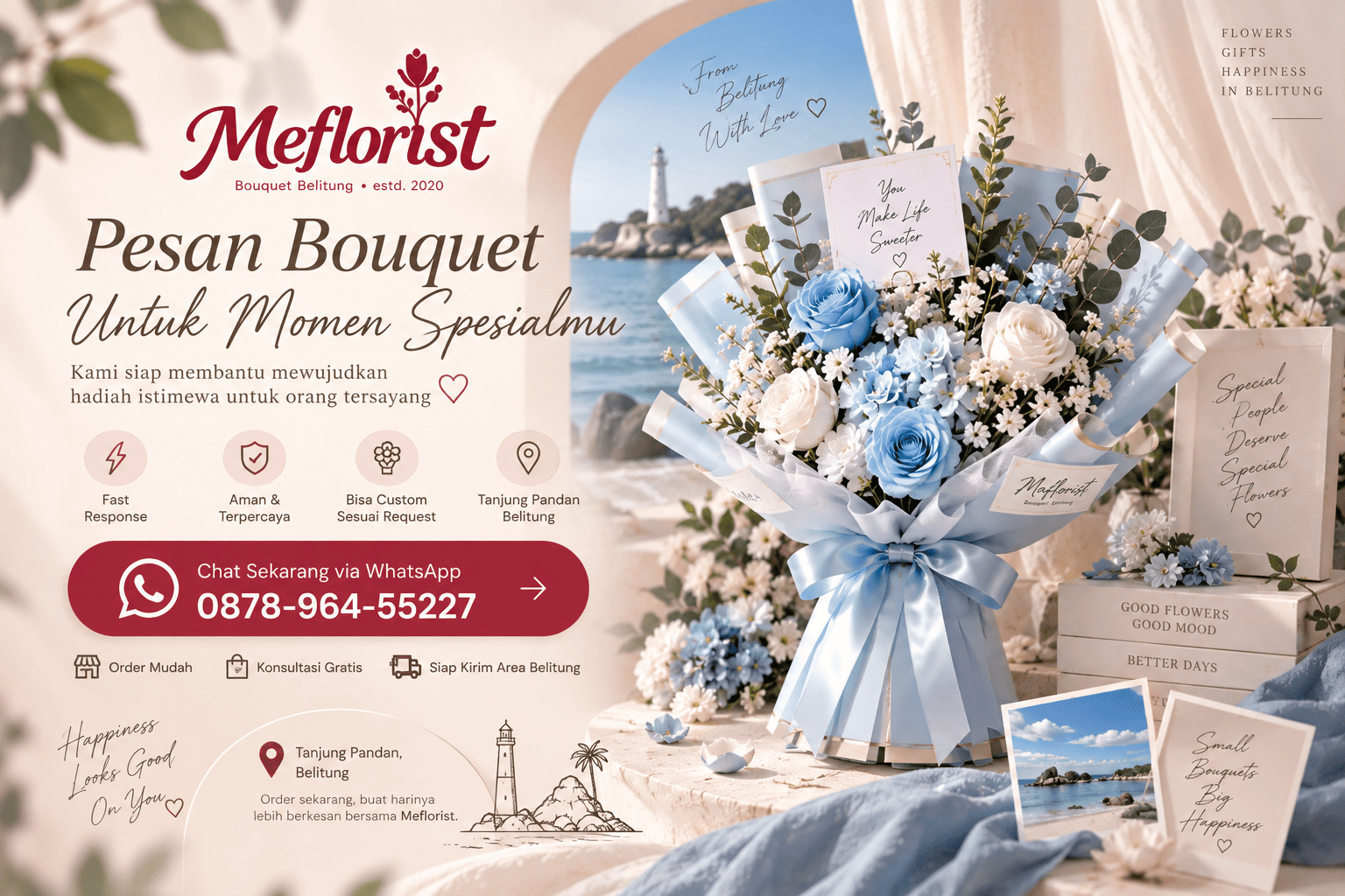 Buket bunga biru Meflorist dengan latar Belitung